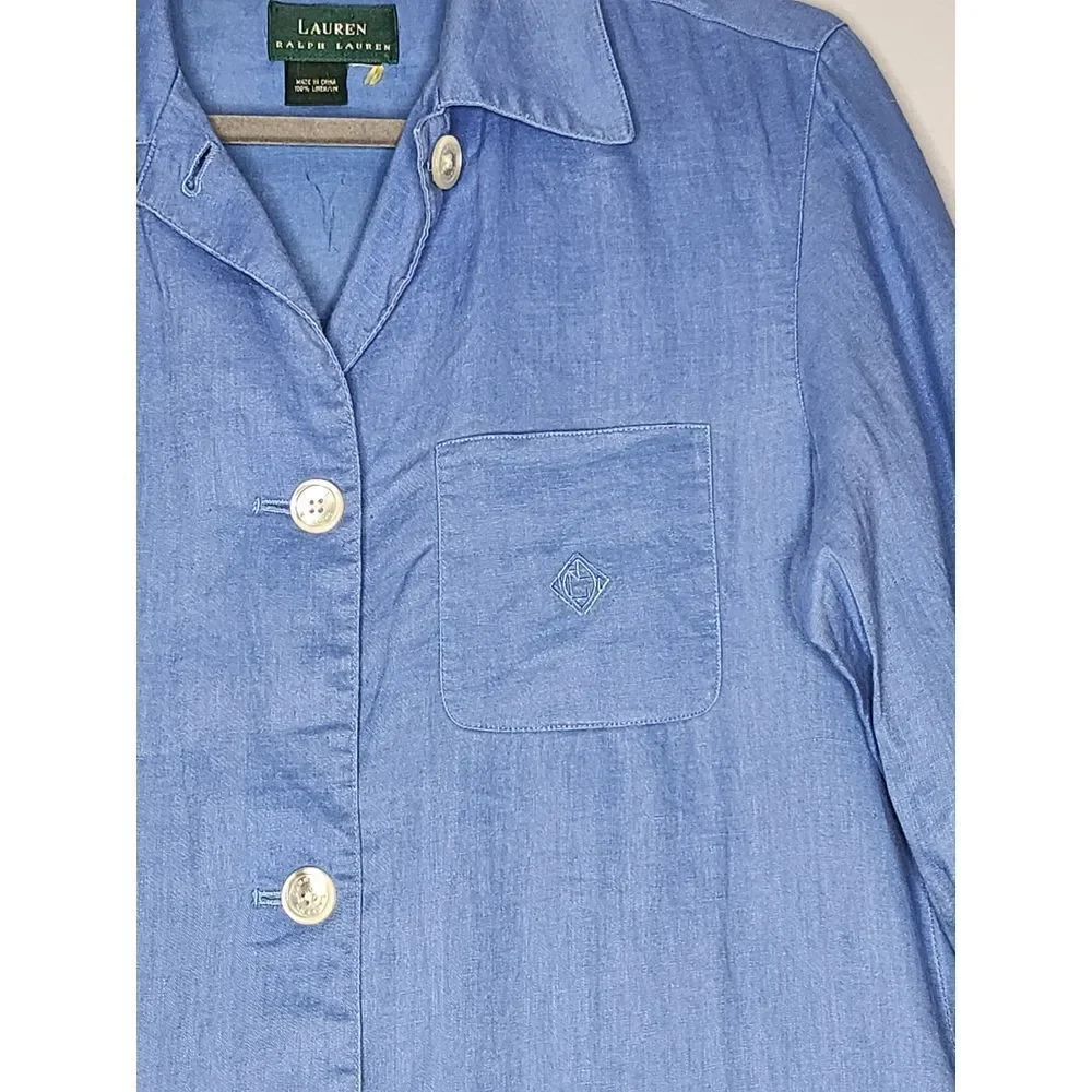 Lauren Ralph Lauren Womens Linen Blazer Smock Coat Light Blue‎ Pockets button up